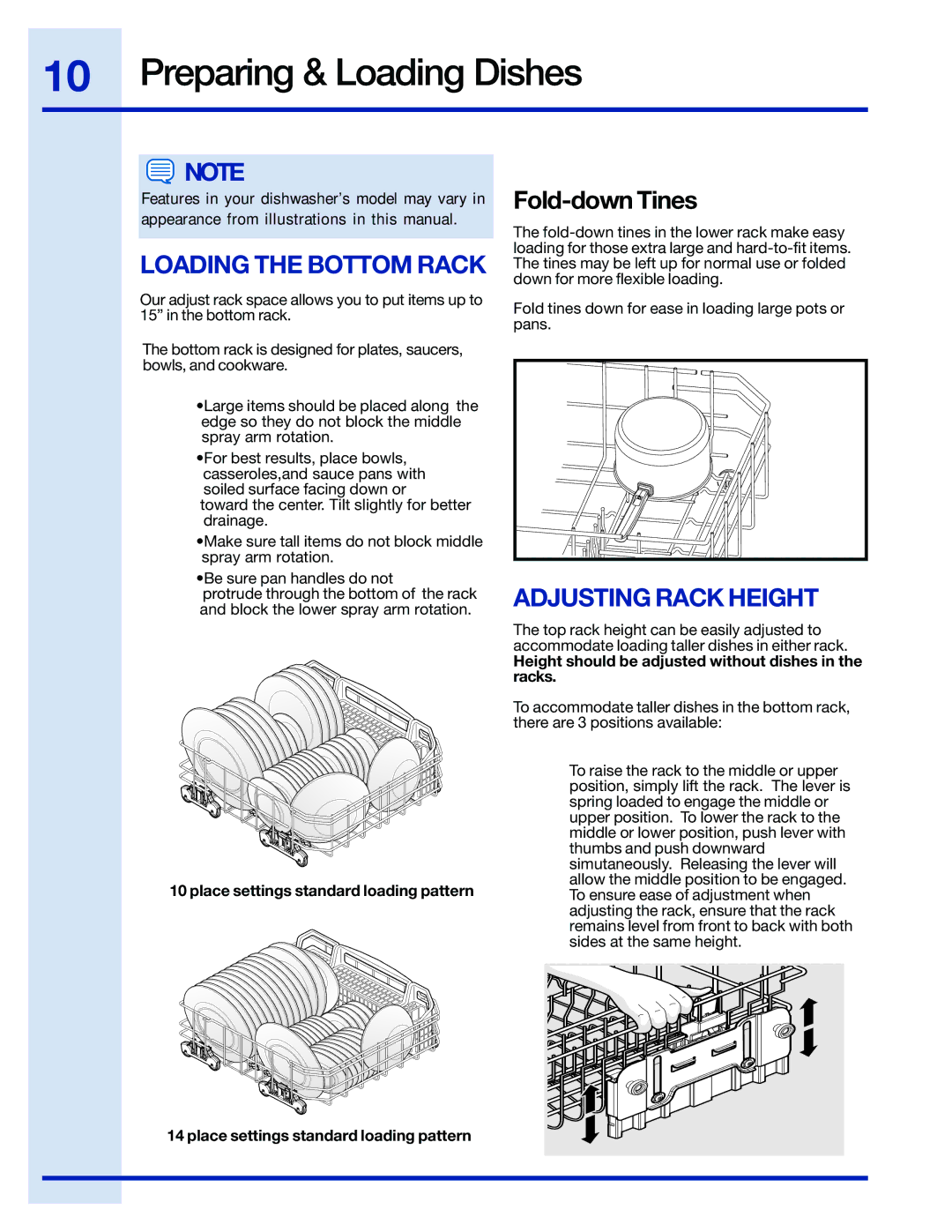 Electrolux 24 manual Loading the Bottom Rack, Adjusting Rack Height 