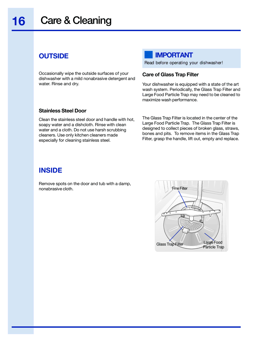 Electrolux 24 manual Care & Cleaning, Outside, Inside, Care of Glass Trap Filter, Stainless Steel Door 