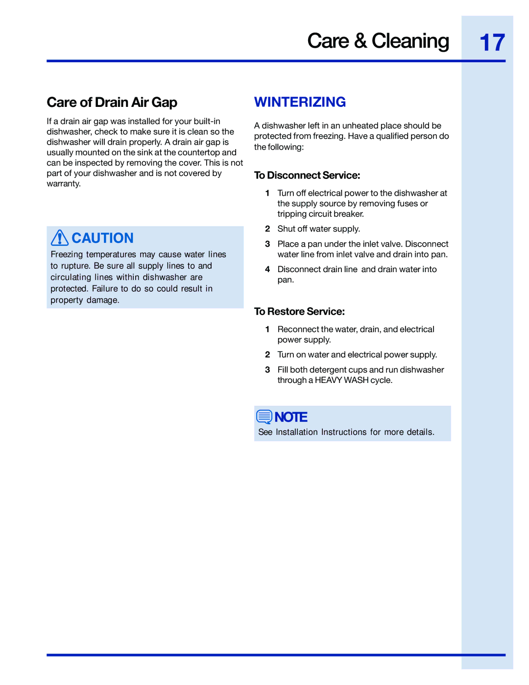 Electrolux 24 manual Winterizing, To Disconnect Service, To Restore Service 