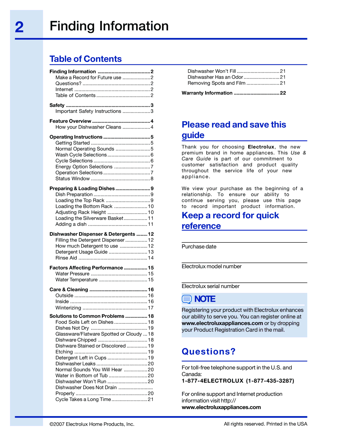 Electrolux 24 manual Finding Information, Table of Contents 