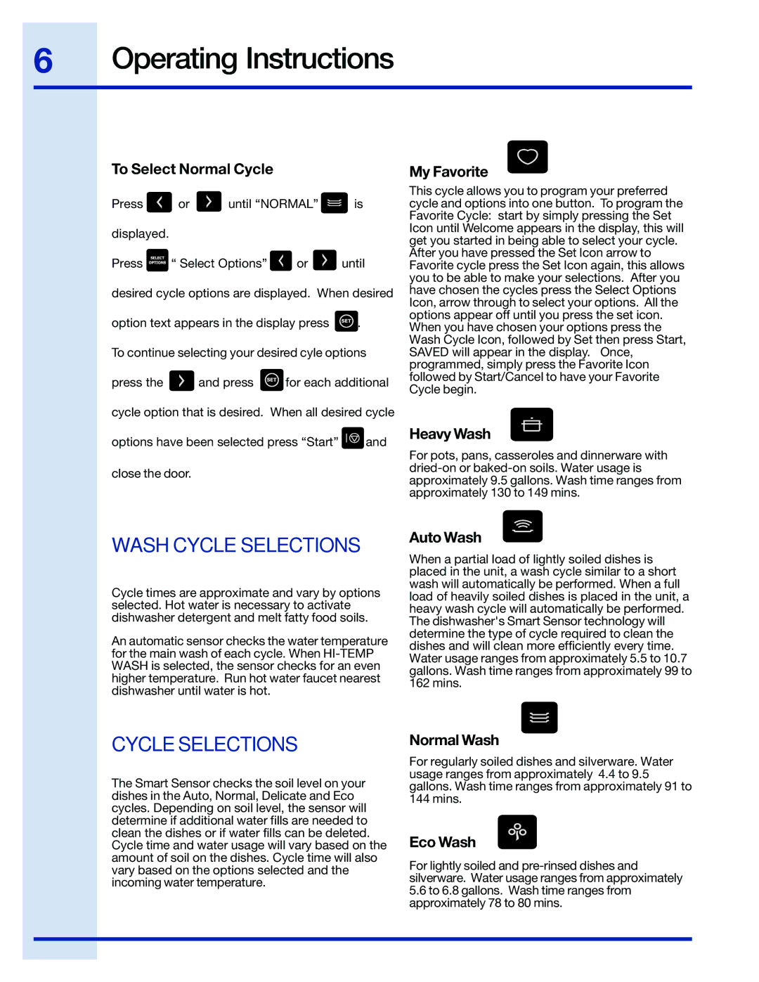 Electrolux 24 manual Wash Cycle Selections 