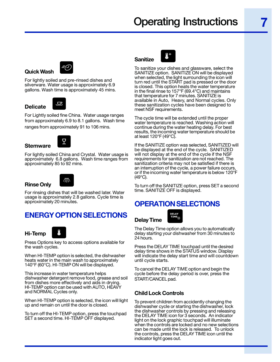 Electrolux 24 manual Energy Option Selections, Operation Selections 