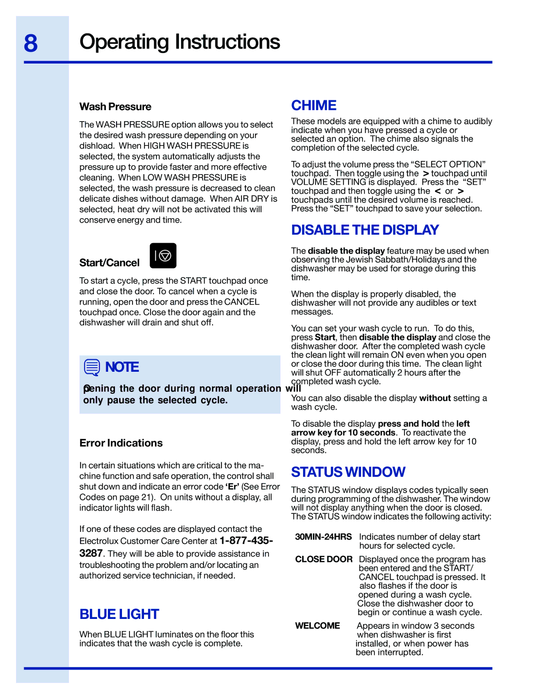 Electrolux 24 manual Blue Light, Chime, Disable the Display, Status Window 
