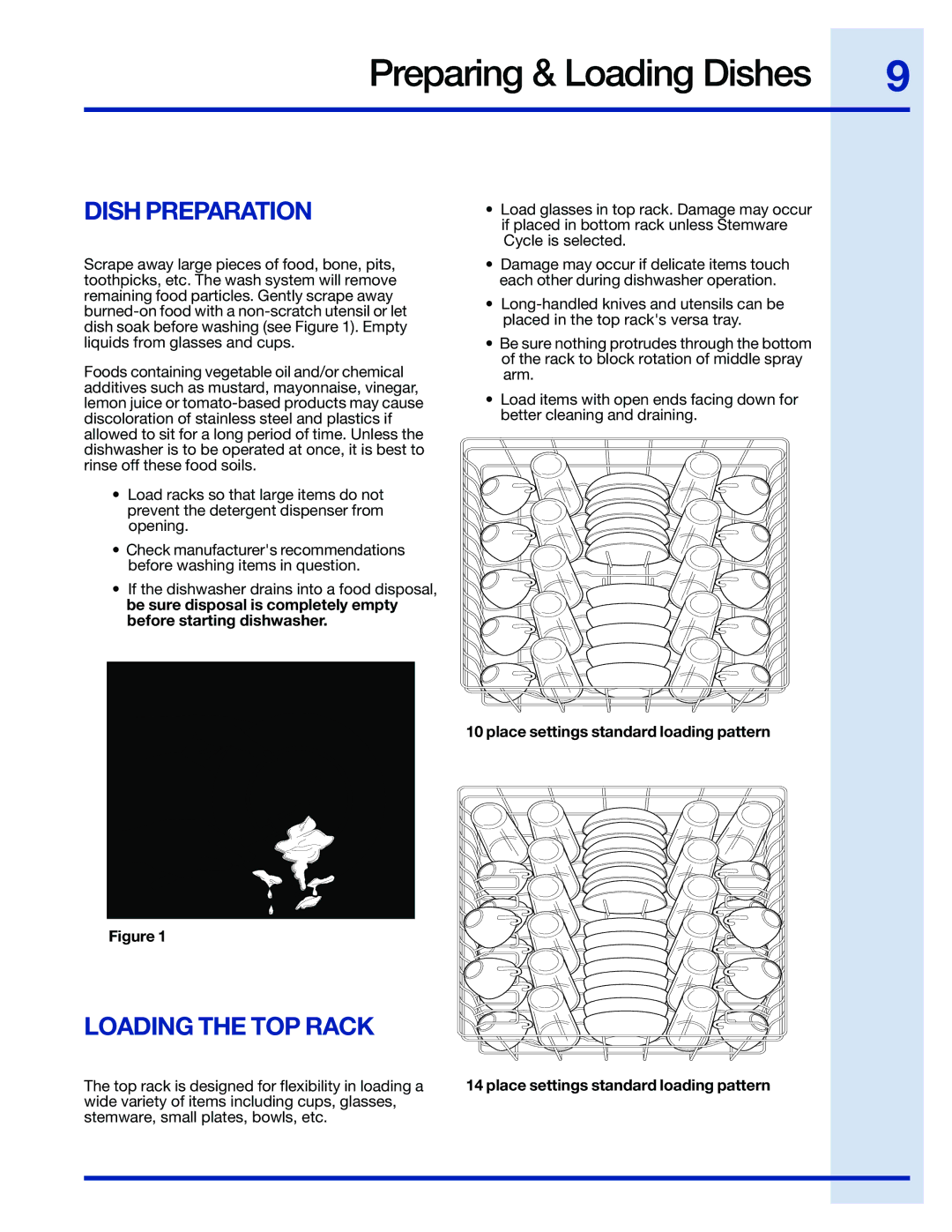 Electrolux 24 manual Preparing & Loading Dishes, Dish Preparation, Loading the TOP Rack 
