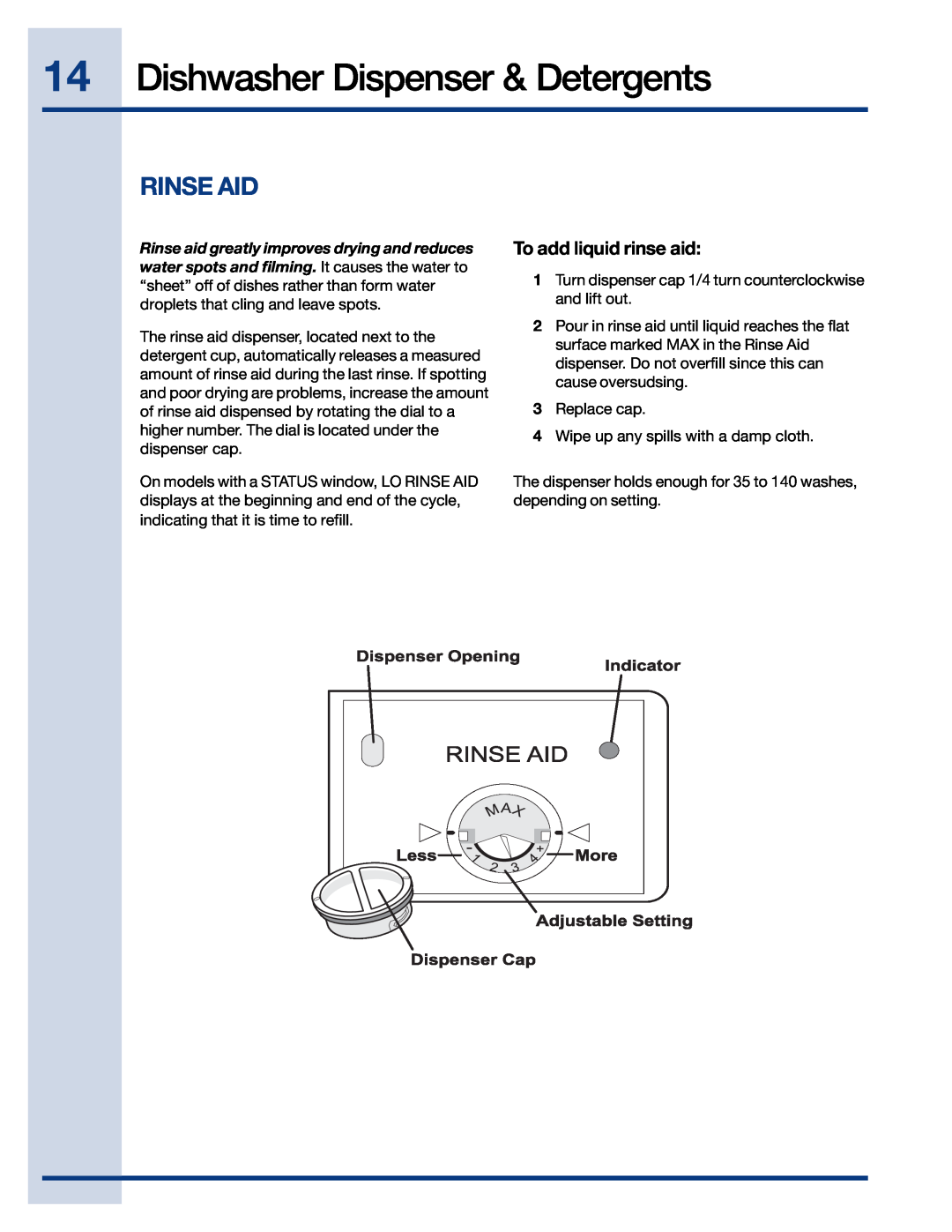 Electrolux 24 manual Dishwasher Dispenser & Detergents, Rinse Aid, To add liquid rinse aid 
