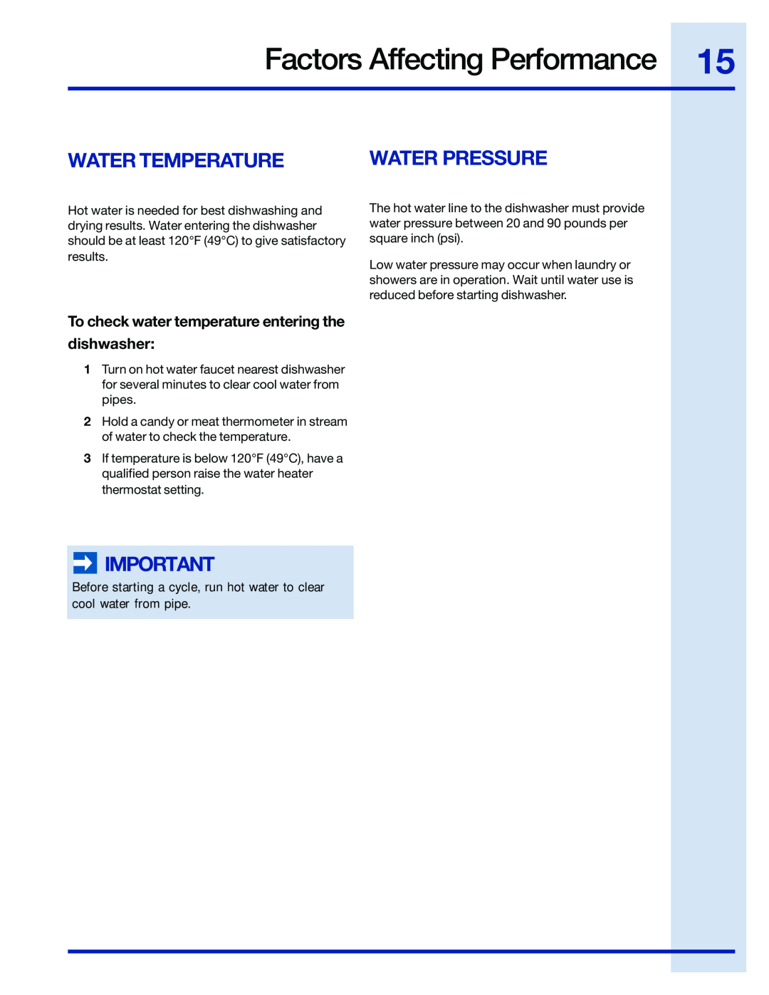 Electrolux 24 manual Factors Affecting Performance, Water Temperature, Water Pressure 