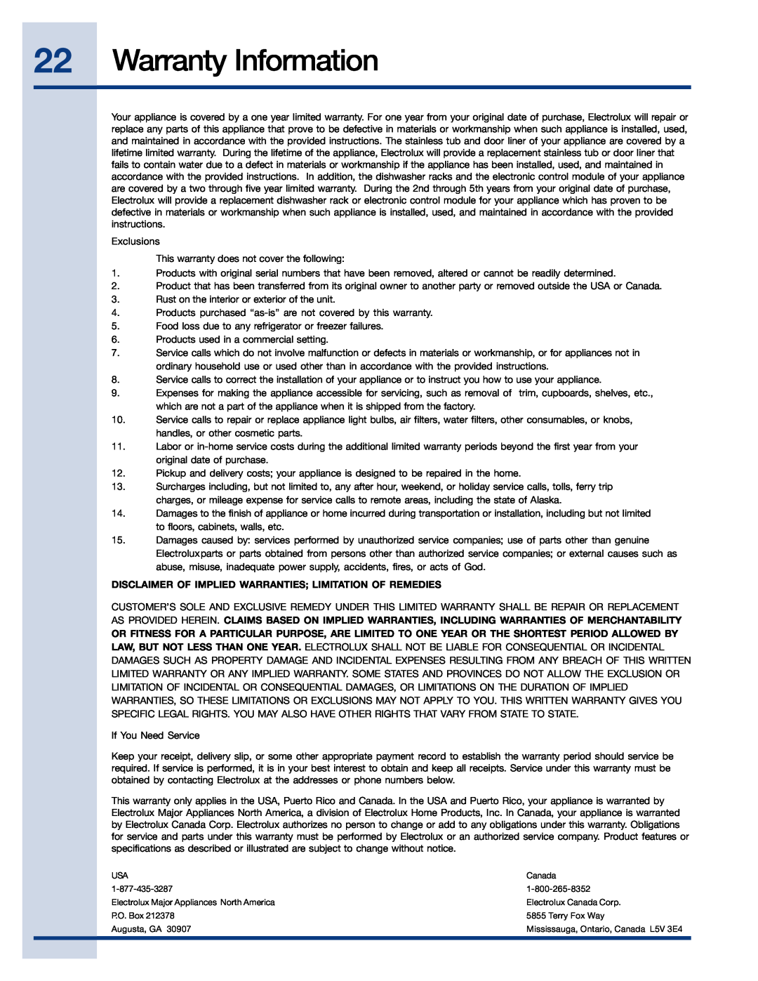 Electrolux 24 manual Warranty Information, Disclaimer Of Implied Warranties Limitation Of Remedies 