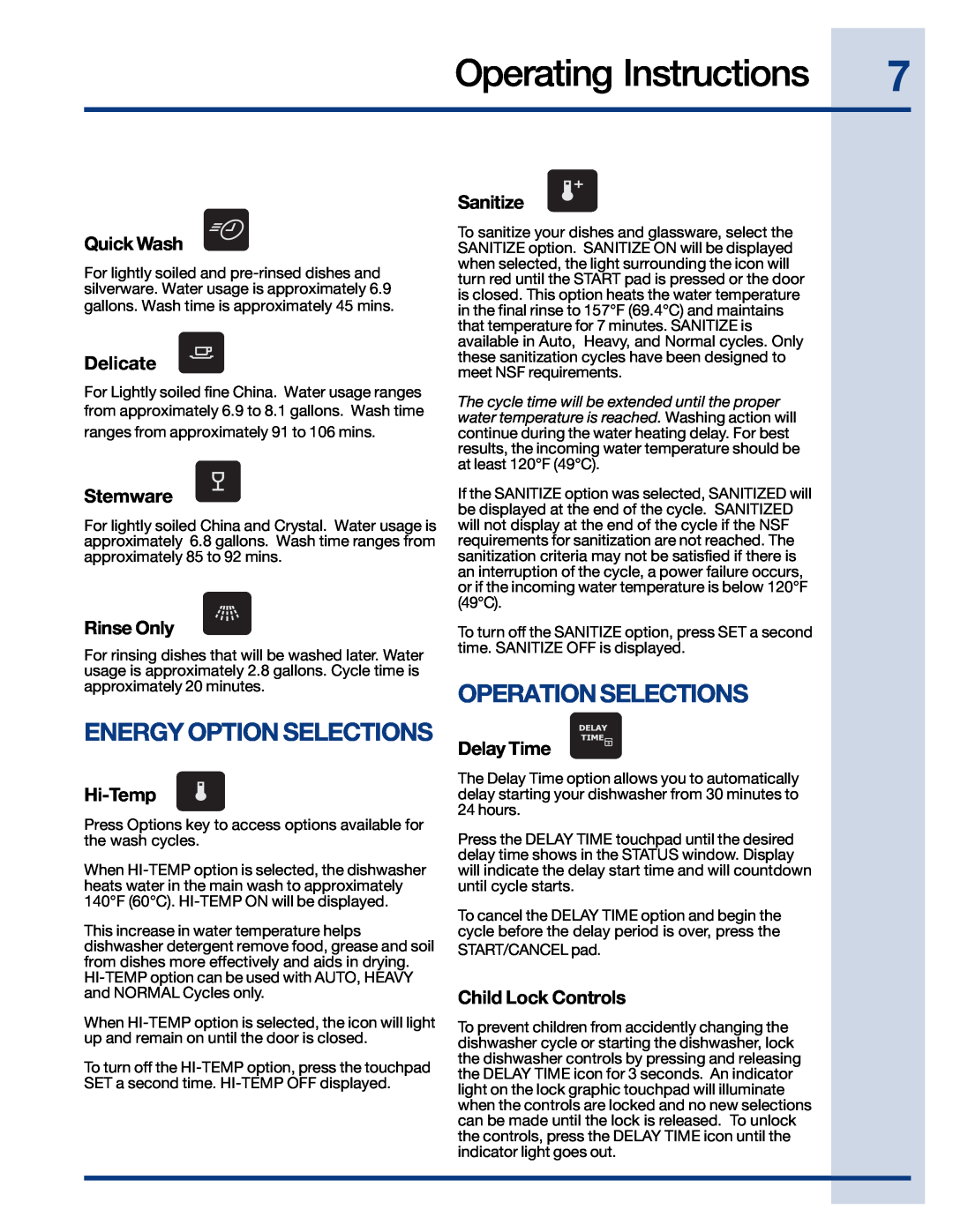 Electrolux 24 manual Energy Option Selections, Operation Selections, Quick Wash, Delicate, Stemware, Rinse Only, Hi-Temp 