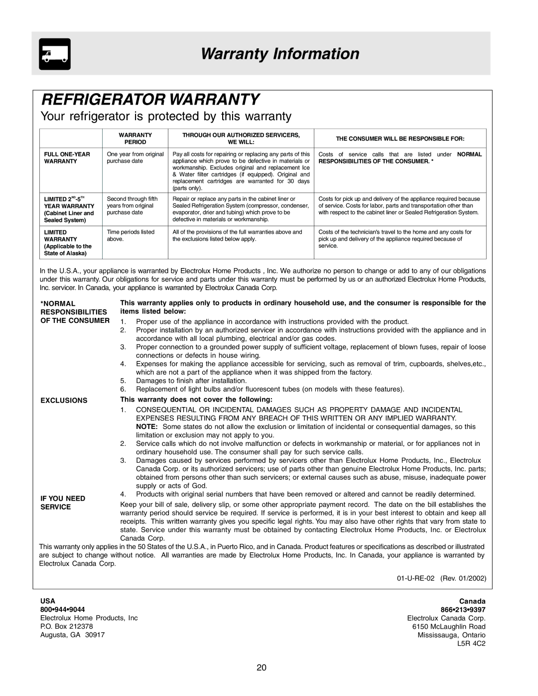 Electrolux 240400112 manual Warranty Information, Refrigerator Warranty 