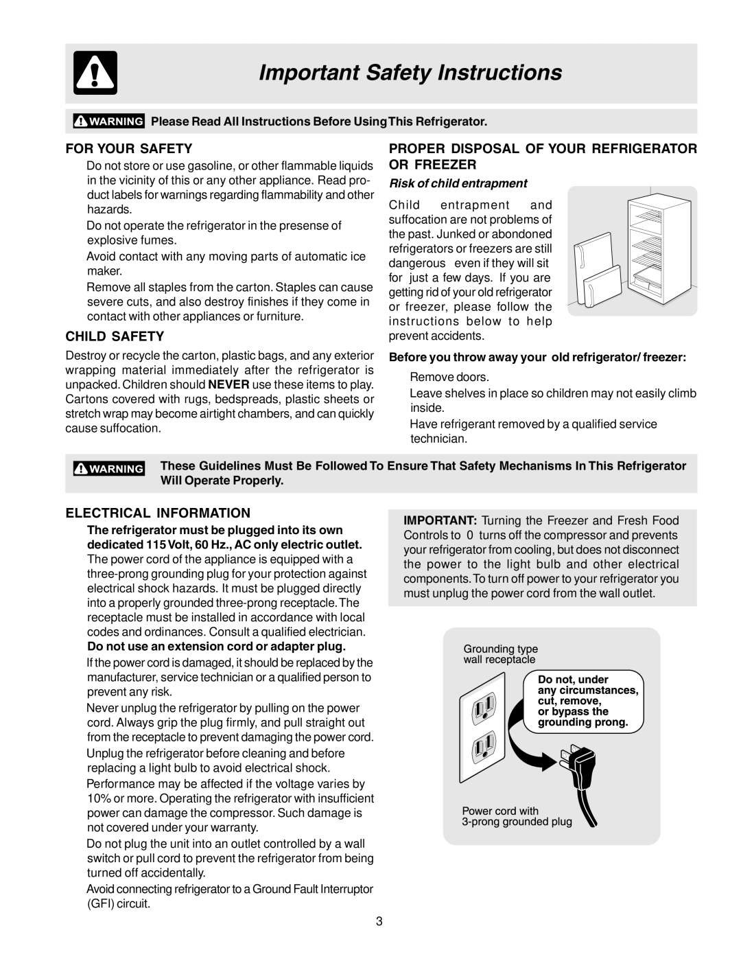 Electrolux 240400112 manual Important Safety Instructions, For Your Safety, Child Safety, Electrical Information 