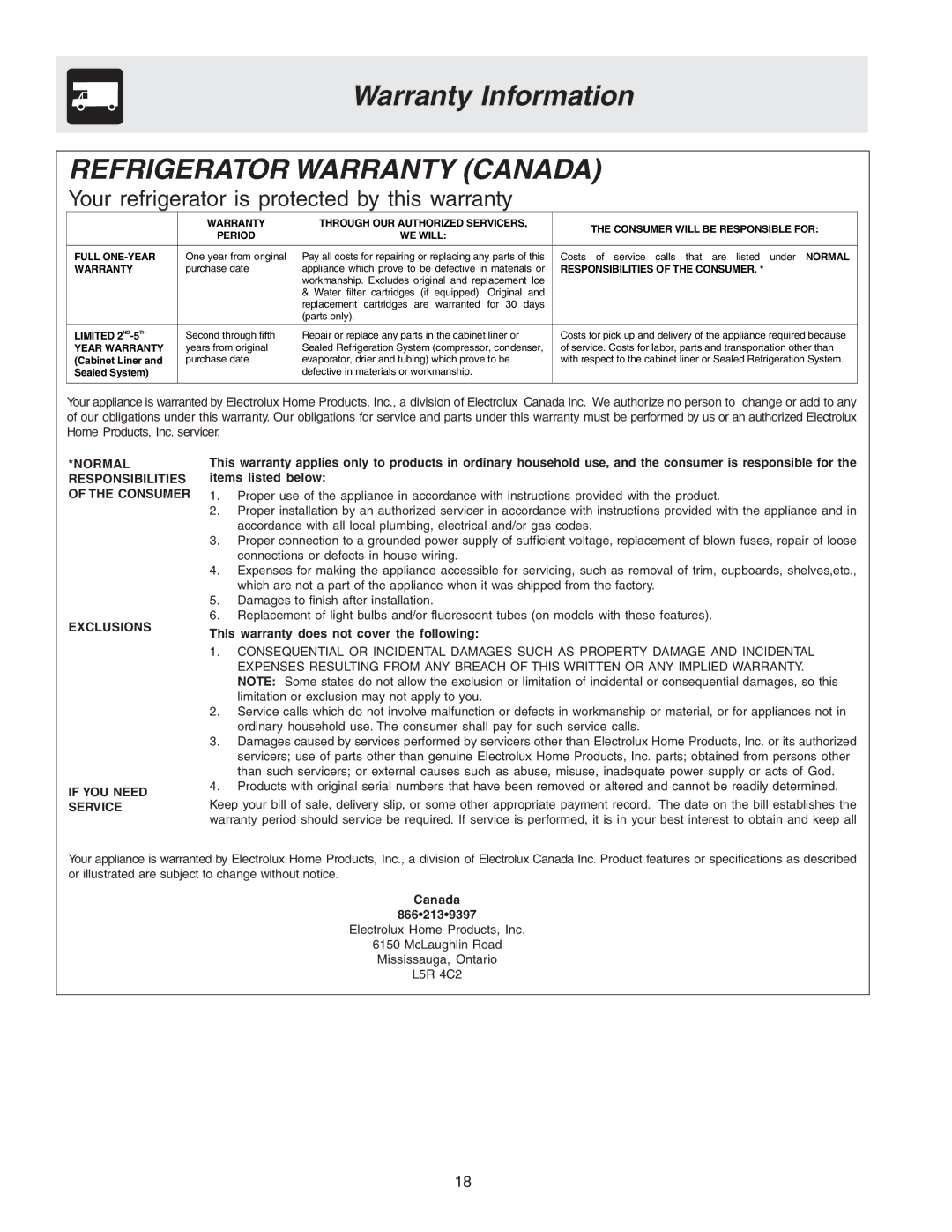 Electrolux 240435506 (0408) manual Refrigerator Warranty Canada 