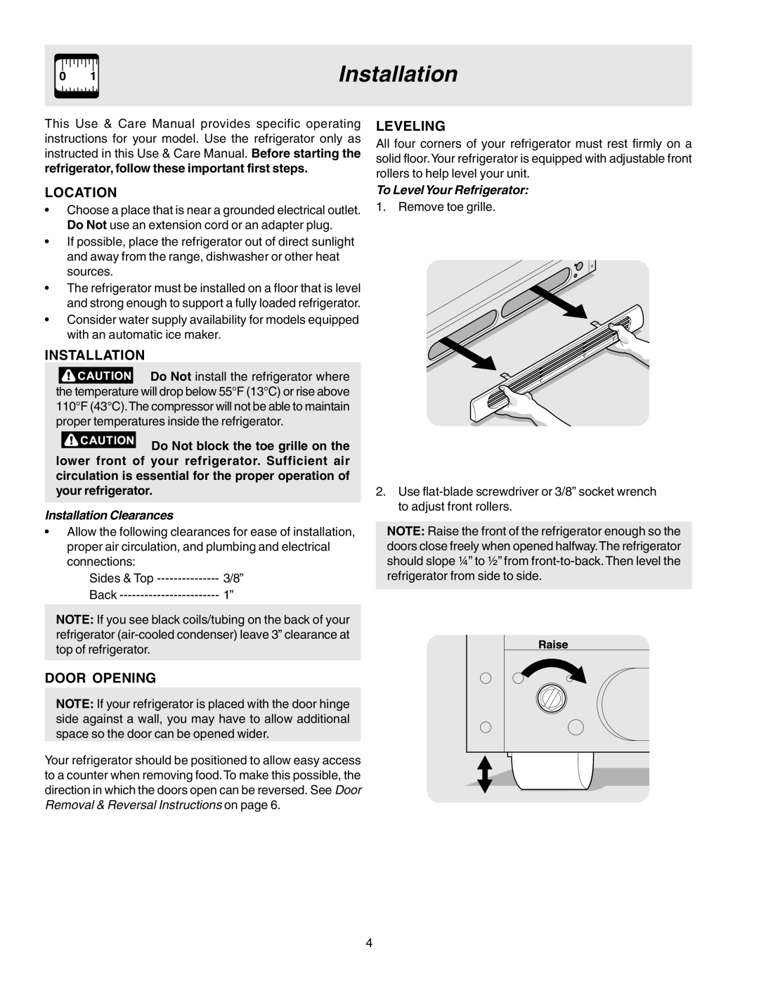 Electrolux 240435506 (0408) manual Installation, Location, Door Opening, Leveling 