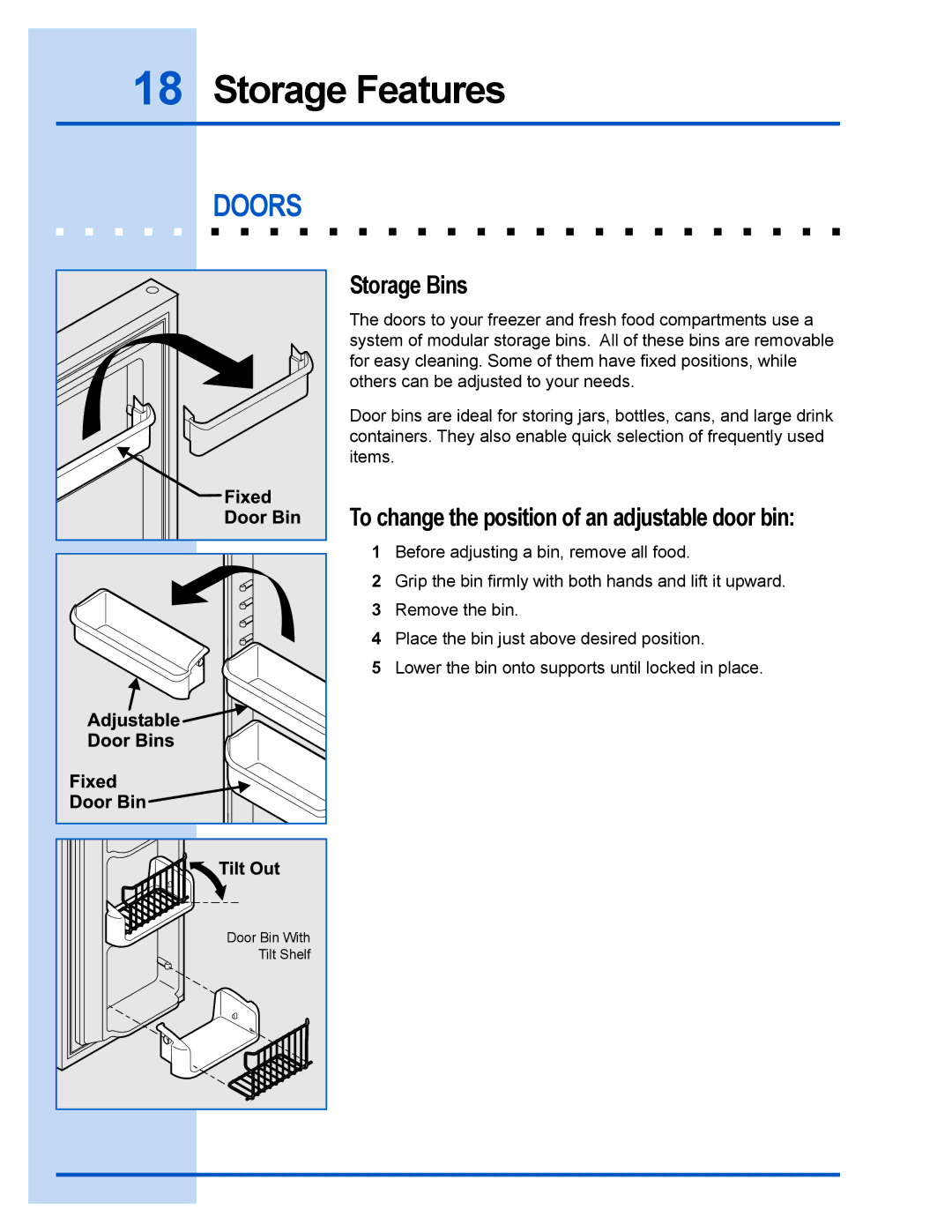 Electrolux 241540102 manual Doors, Storage Bins 