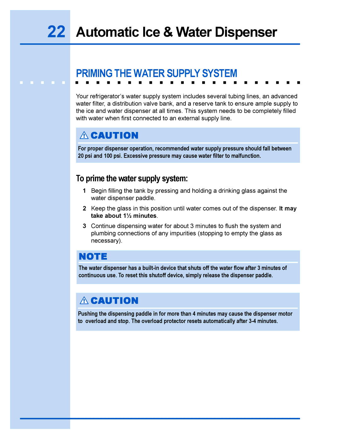 Electrolux 241540102 manual Priming the Water Supply System, To prime the water supply system 