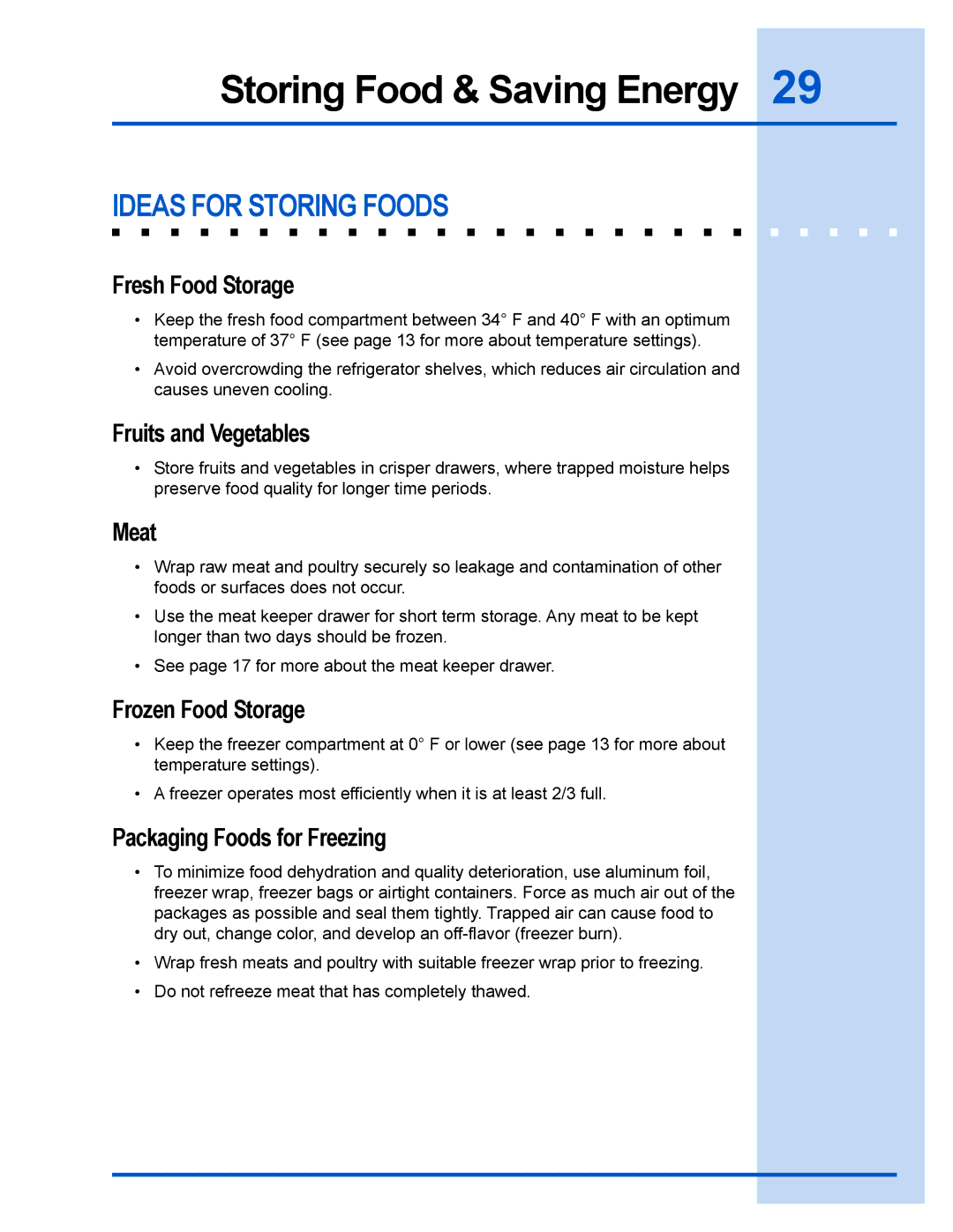 Electrolux 241540102 manual Storing Food & Saving Energy, Ideas for Storing Foods 