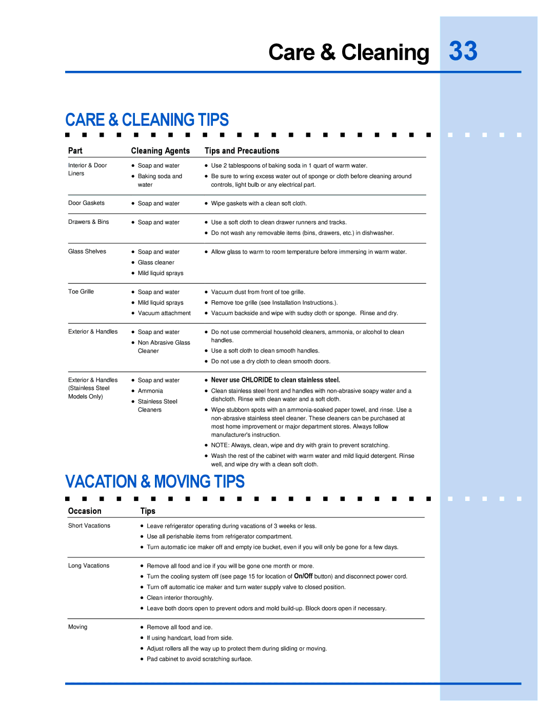 Electrolux 241540102 manual Care & Cleaning Tips, Vacation & Moving Tips 