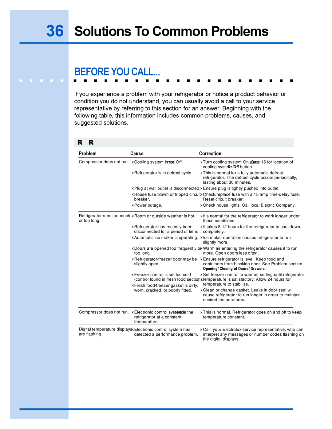 Electrolux 241540102 manual Solutions To Common Problems, Before YOU Call 