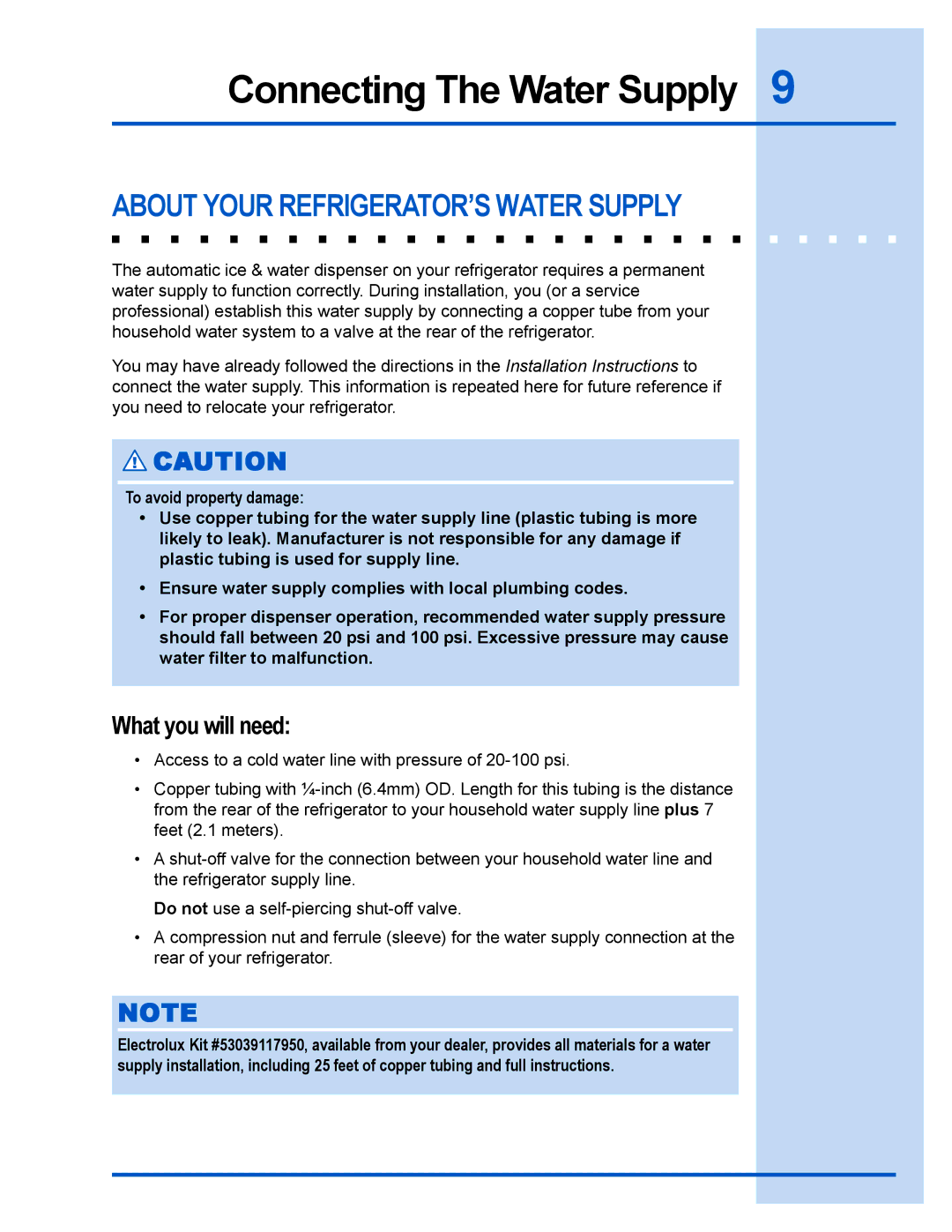 Electrolux 241540102 manual Connecting The Water Supply, About Your REFRIGERATOR’S Water Supply, What you will need 