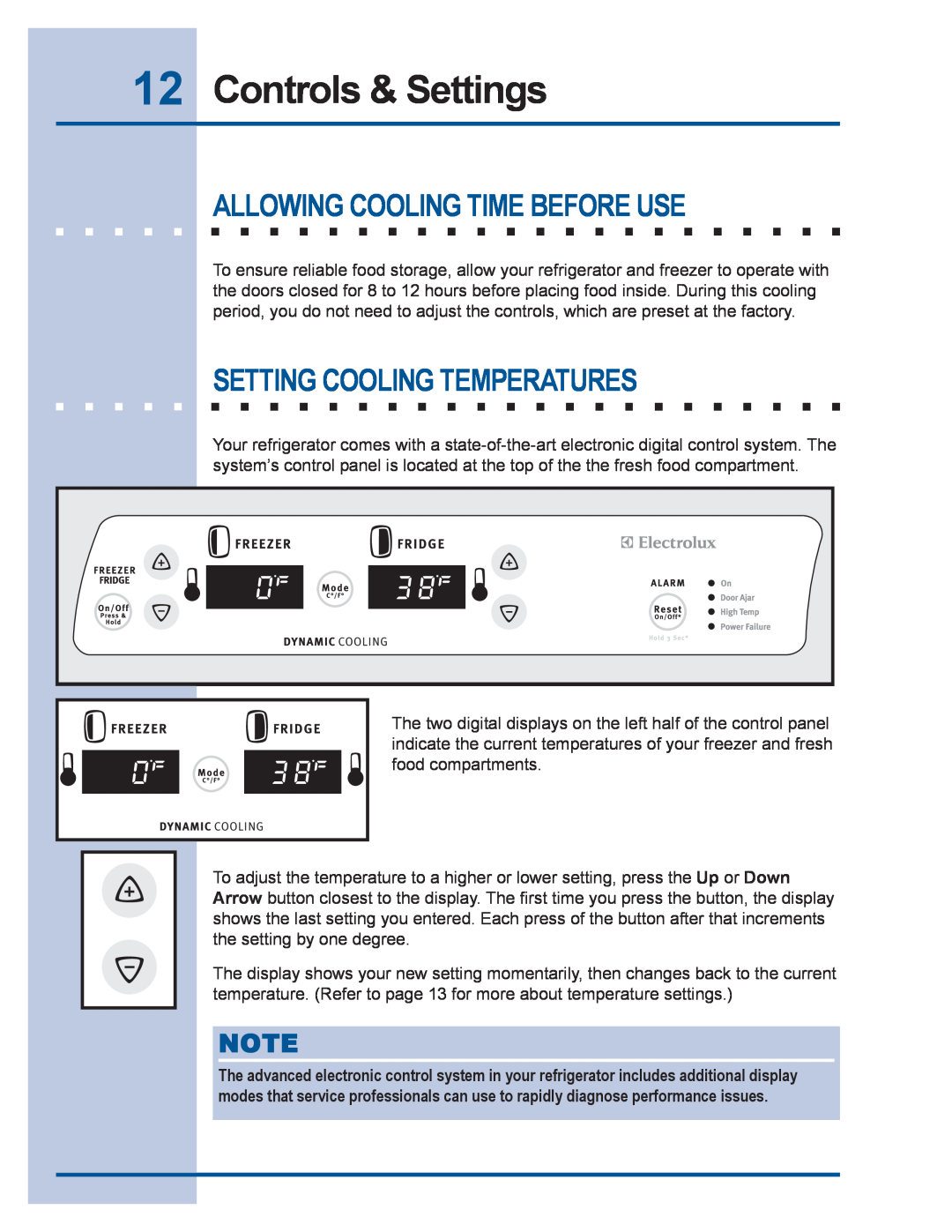Electrolux 241540102 manual Controls & Settings, Allowing Cooling Time Before Use, Setting Cooling Temperatures 