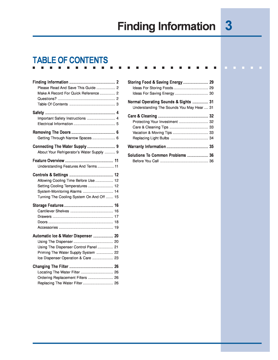 Electrolux 241540102 manual Finding Information, Table Of Contents 