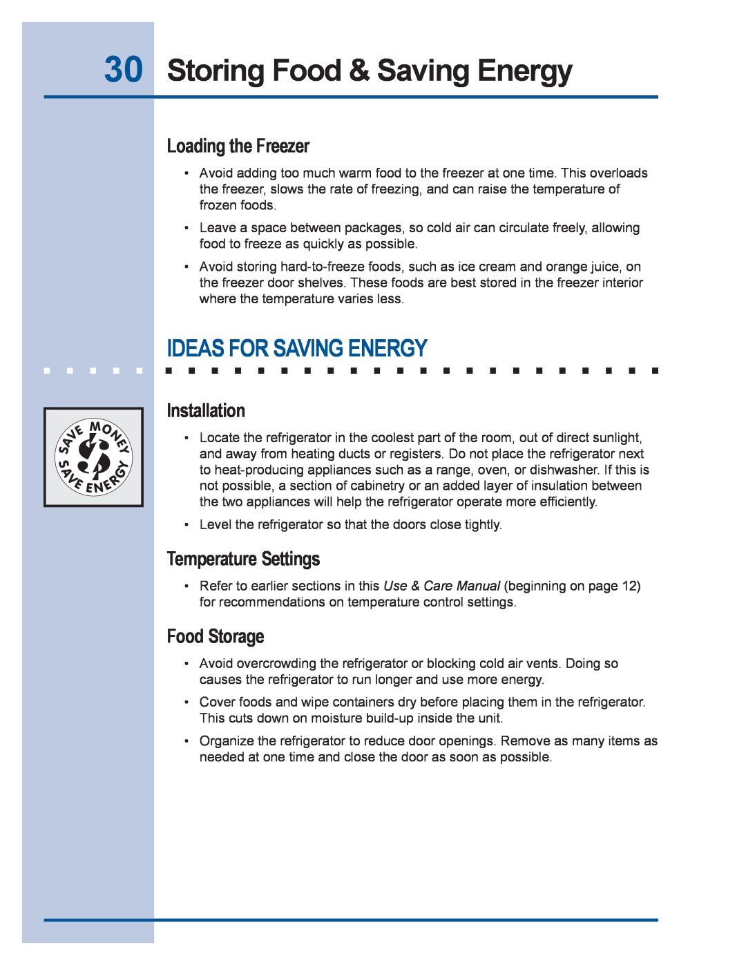 Electrolux 241540102 manual Storing Food & Saving Energy, Ideas For Saving Energy, Loading the Freezer, Installation 