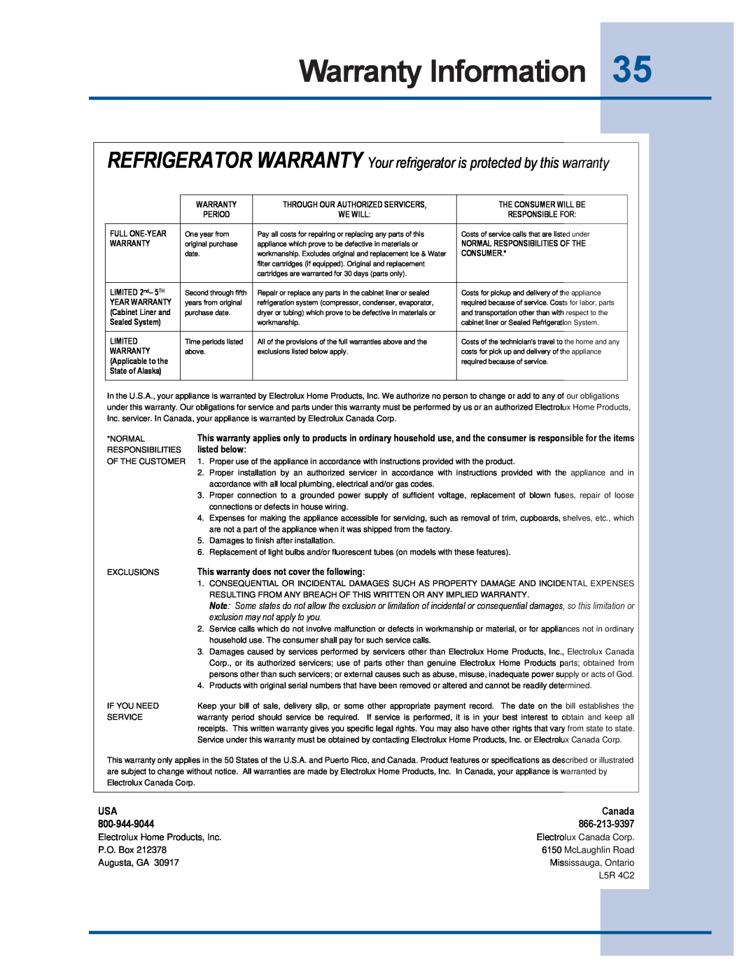 Electrolux 241540102 Warranty Information, REFRIGERATOR WARRANTY Your refrigerator is protected by this warranty, Canada 