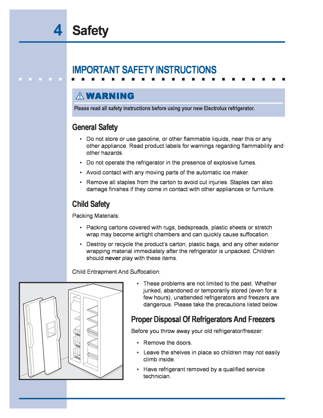 Electrolux 241540102 manual Important Safety Instructions, General Safety, Child Safety 