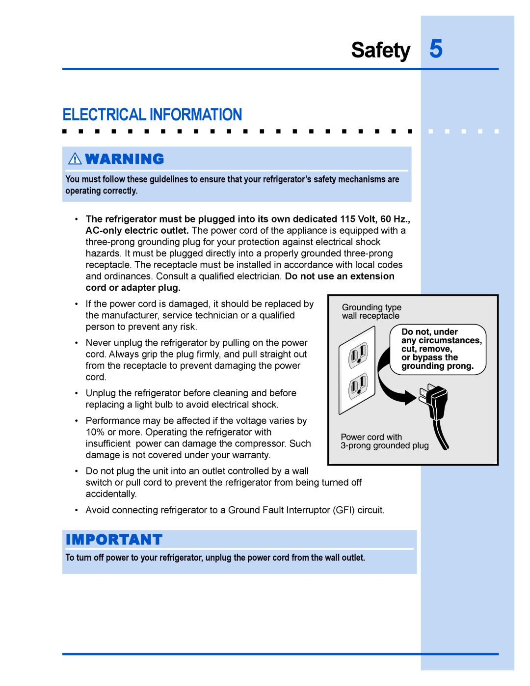 Electrolux 241540102 manual Safety, Electrical Information 