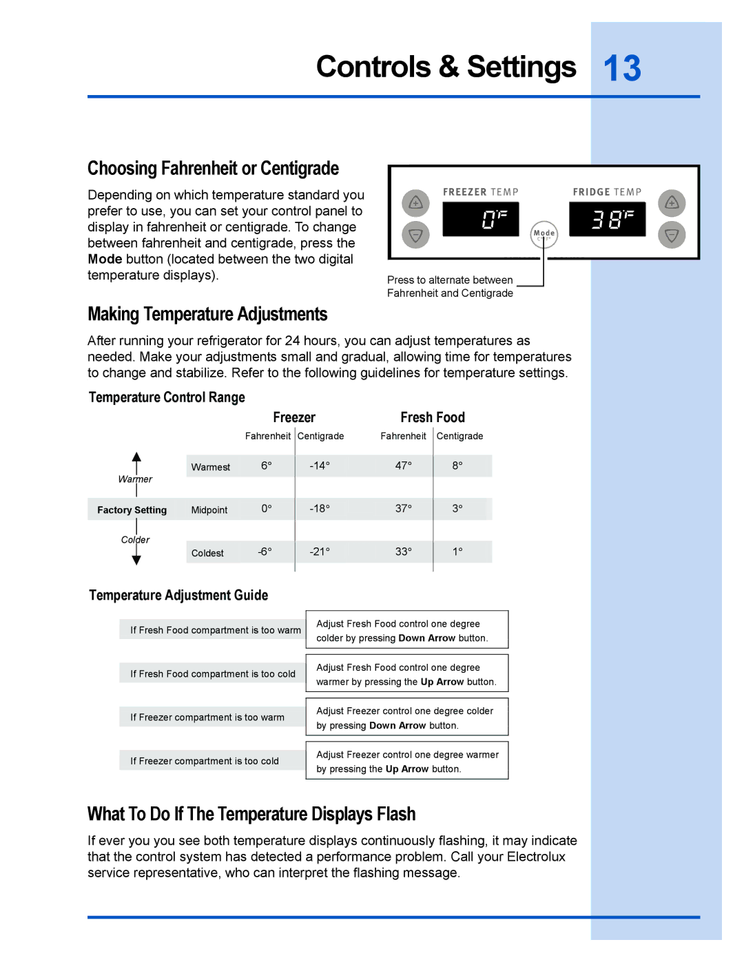 Electrolux 241540105 (0612) manual Choosing Fahrenheit or Centigrade, Making Temperature Adjustments 