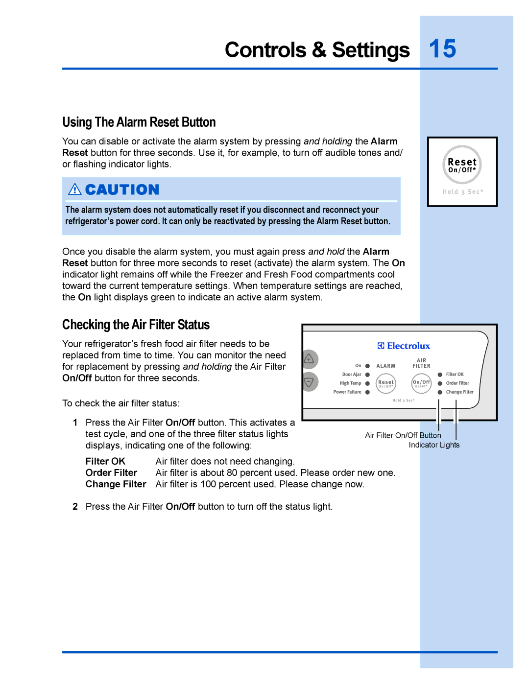 Electrolux 241540105 (0612) manual Using The Alarm Reset Button, Checking the Air Filter Status 