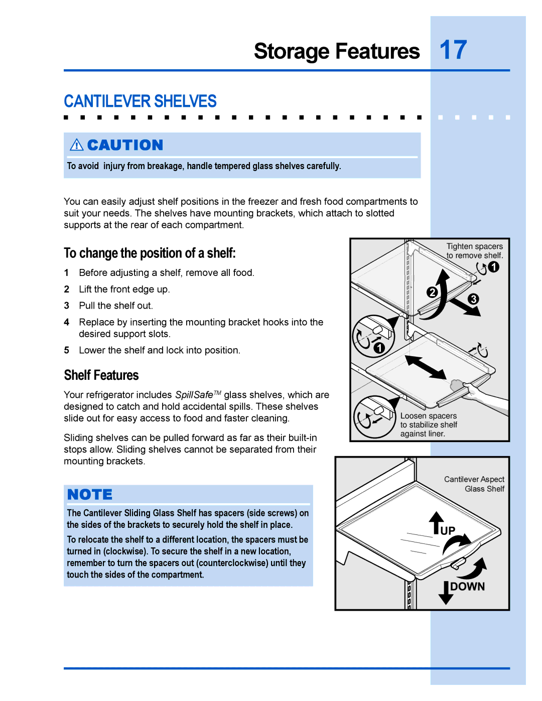 Electrolux 241540105 (0612) manual Storage Features, Cantilever Shelves, To change the position of a shelf, Shelf Features 