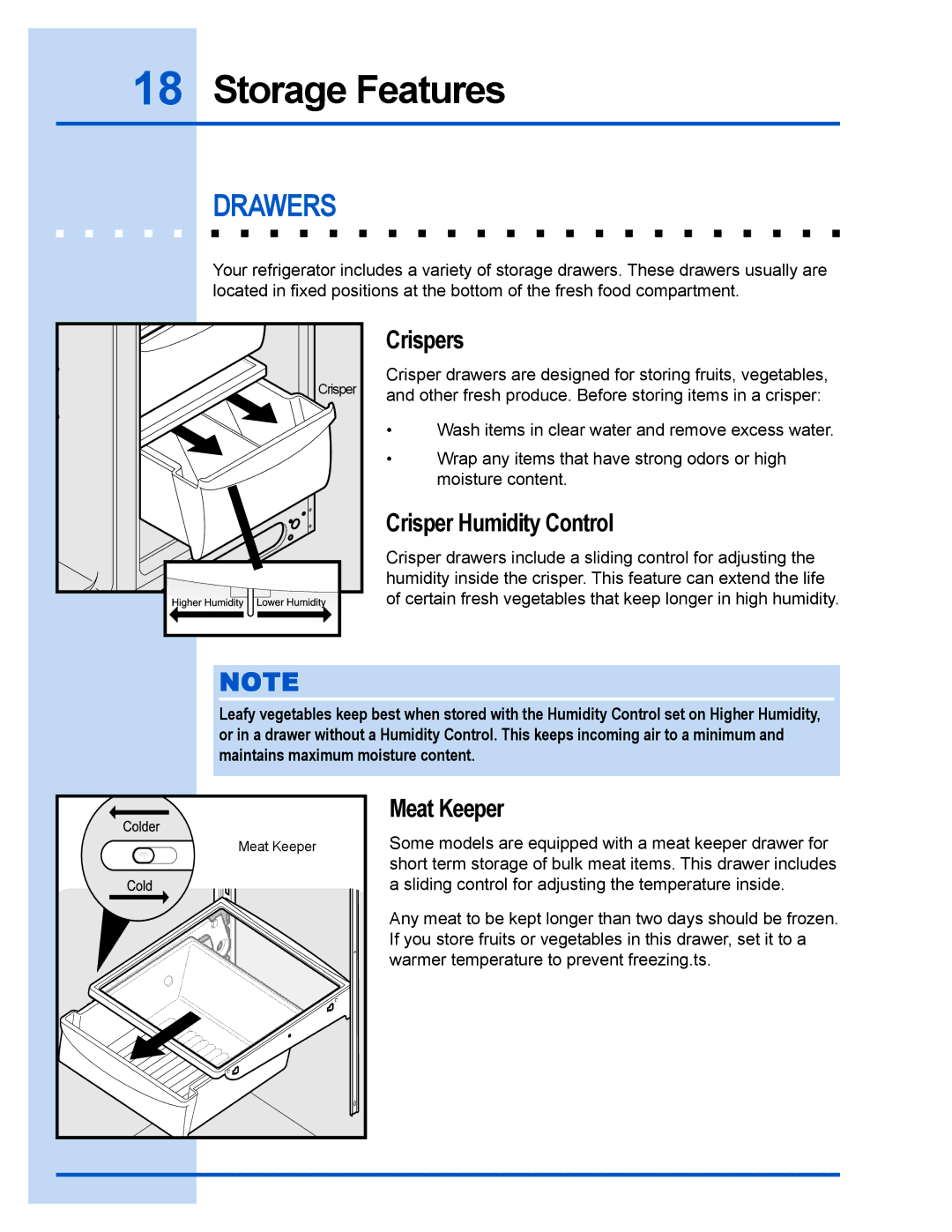 Electrolux 241540105 (0612) manual Drawers, Crispers, Crisper Humidity Control, Meat Keeper 