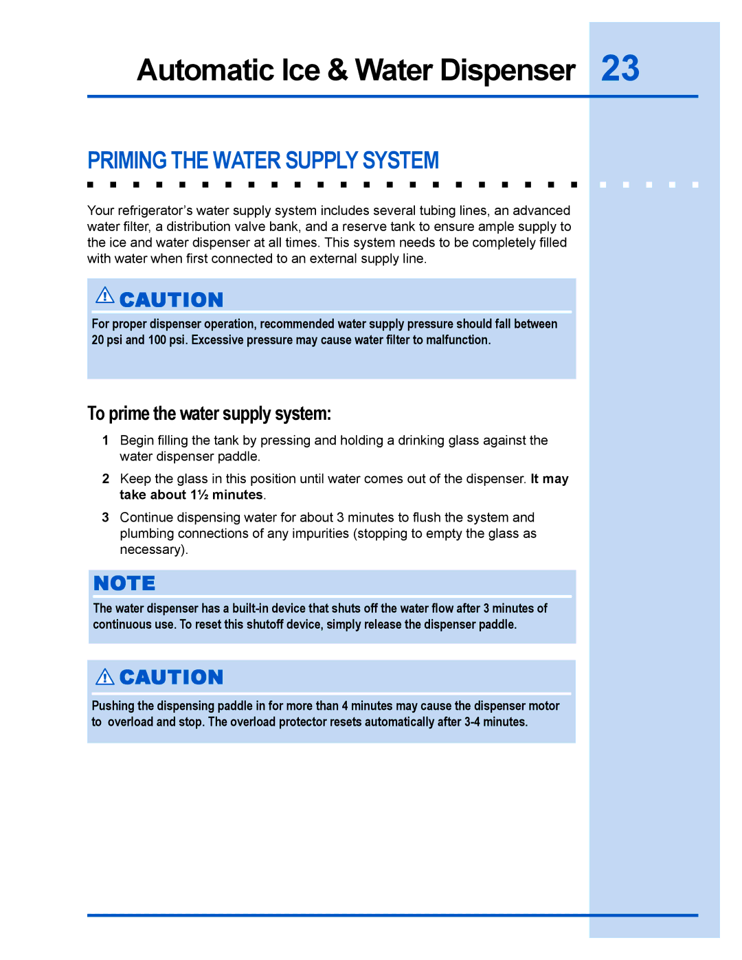 Electrolux 241540105 (0612) manual Priming the Water Supply System, To prime the water supply system 