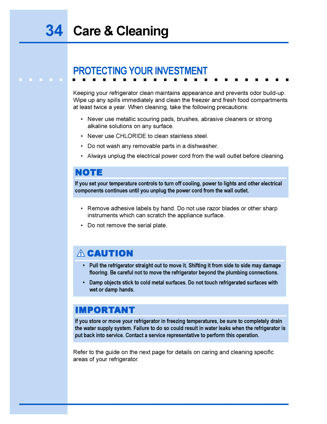 Electrolux 241540105 (0612) manual Care & Cleaning, Protecting Your Investment 