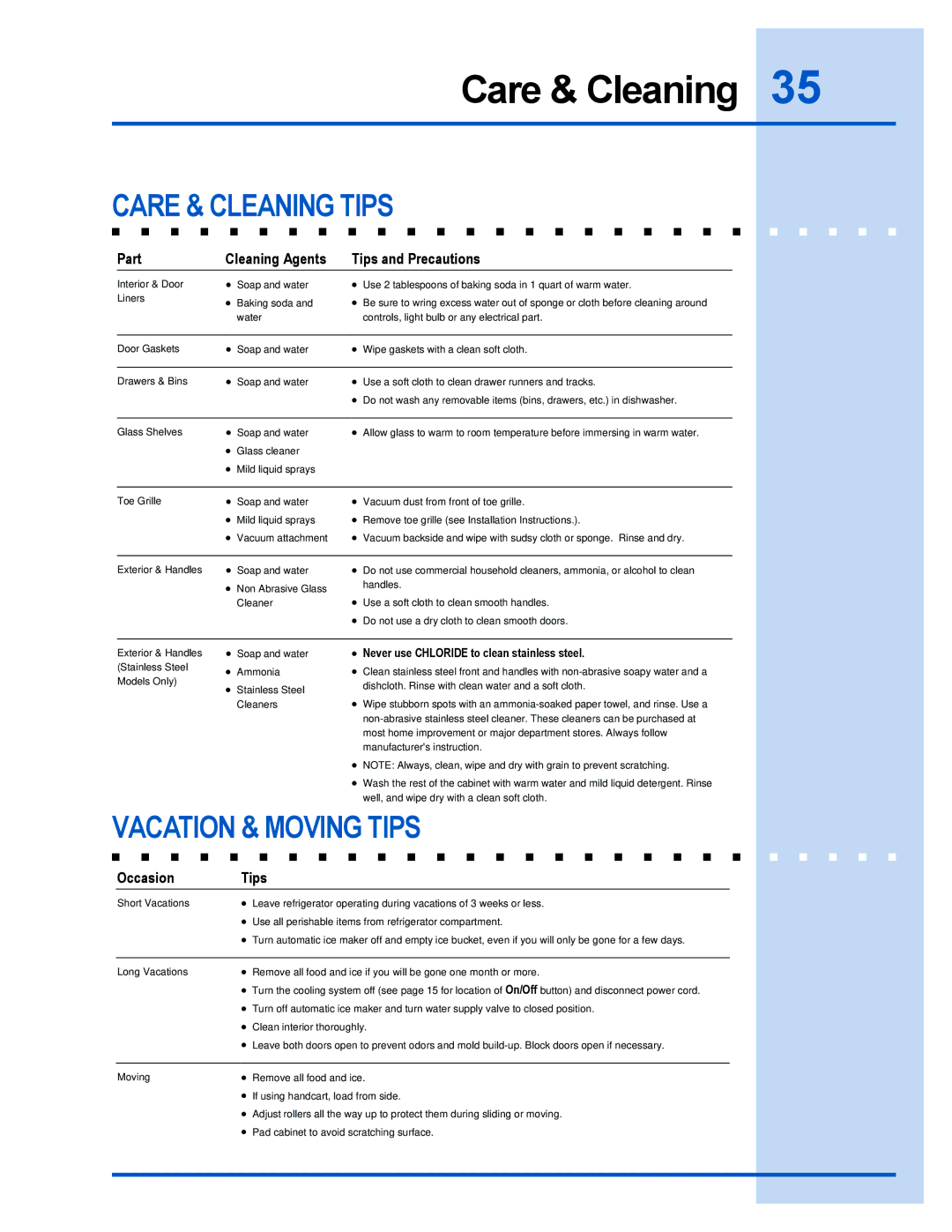 Electrolux 241540105 (0612) manual Care & Cleaning Tips, Vacation & Moving Tips 