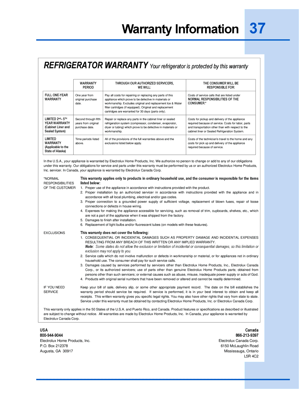 Electrolux 241540105 (0612) manual Warranty Information, Consumer 