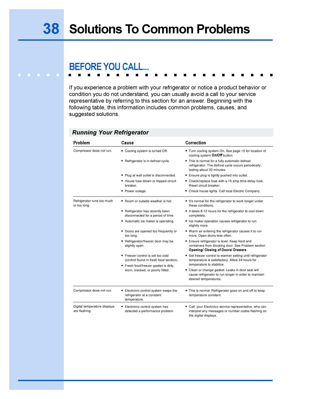 Electrolux 241540105 (0612) manual Solutions To Common Problems, Before YOU Call 