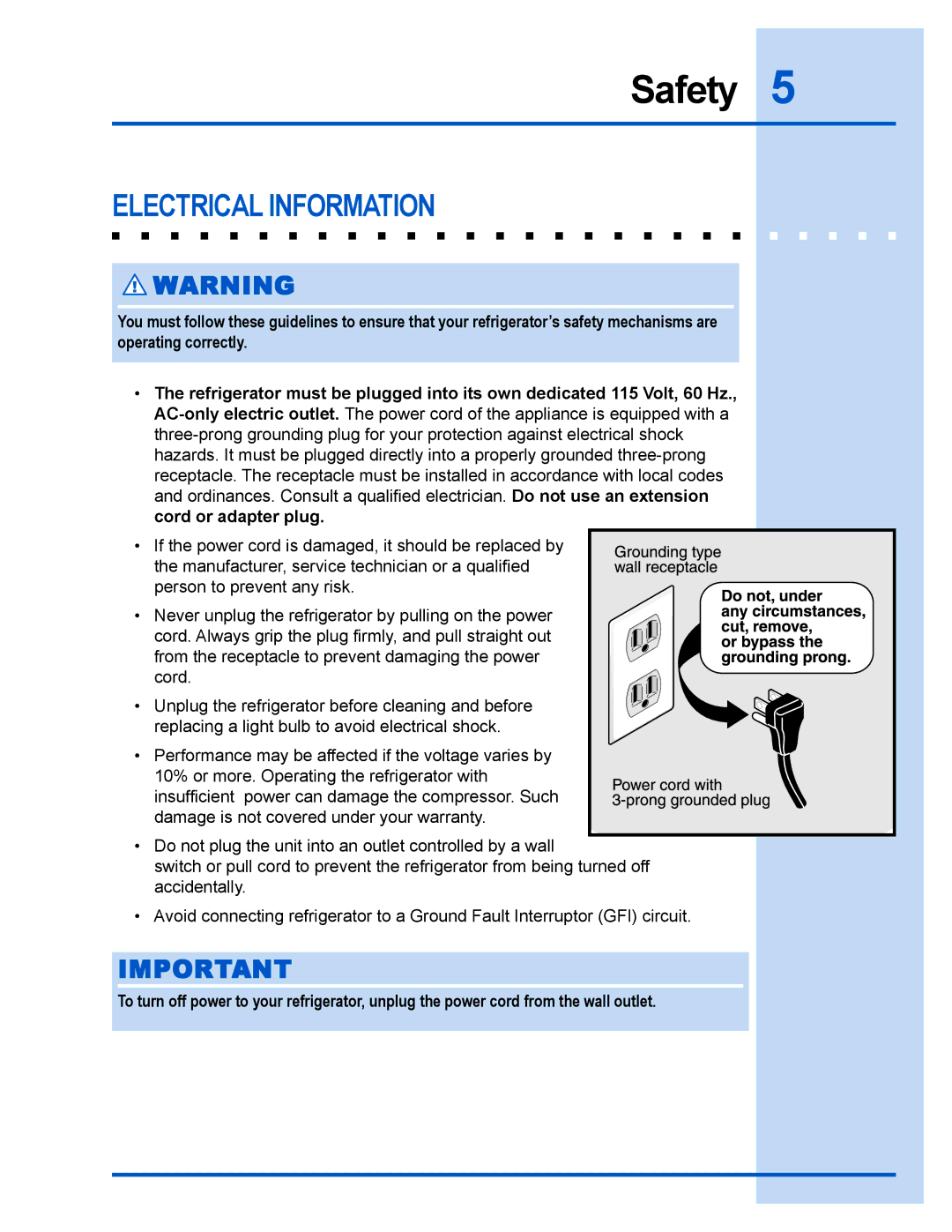 Electrolux 241540105 (0612) manual Electrical Information 