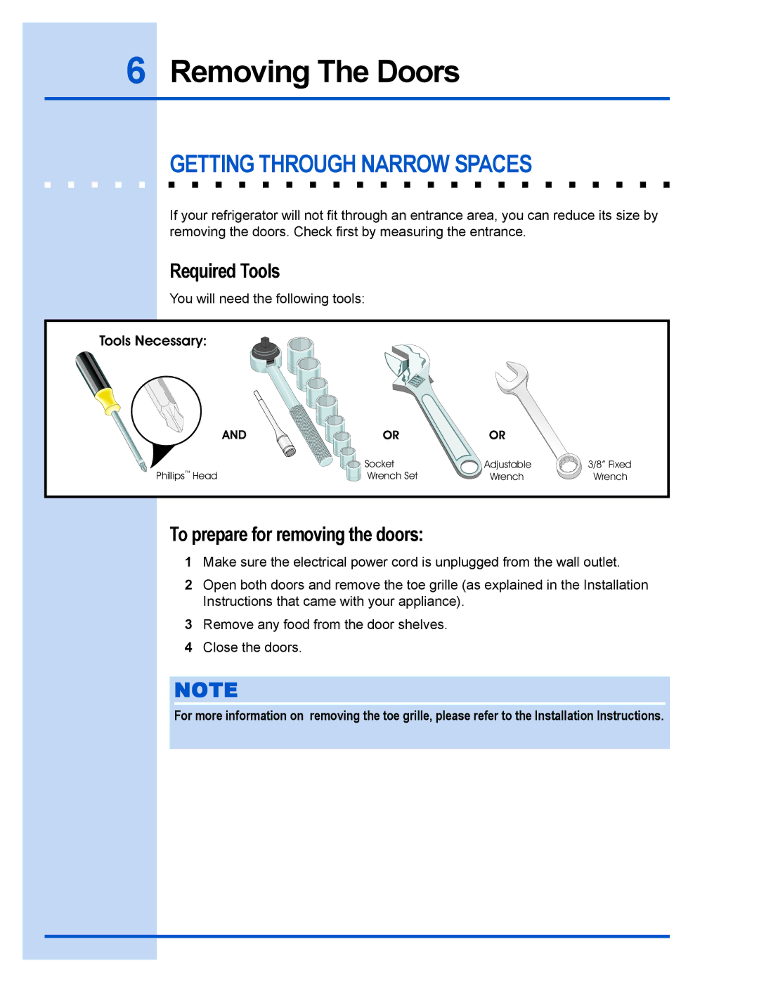Electrolux 241540105 (0612) manual Removing The Doors, Getting Through Narrow Spaces, Required Tools 