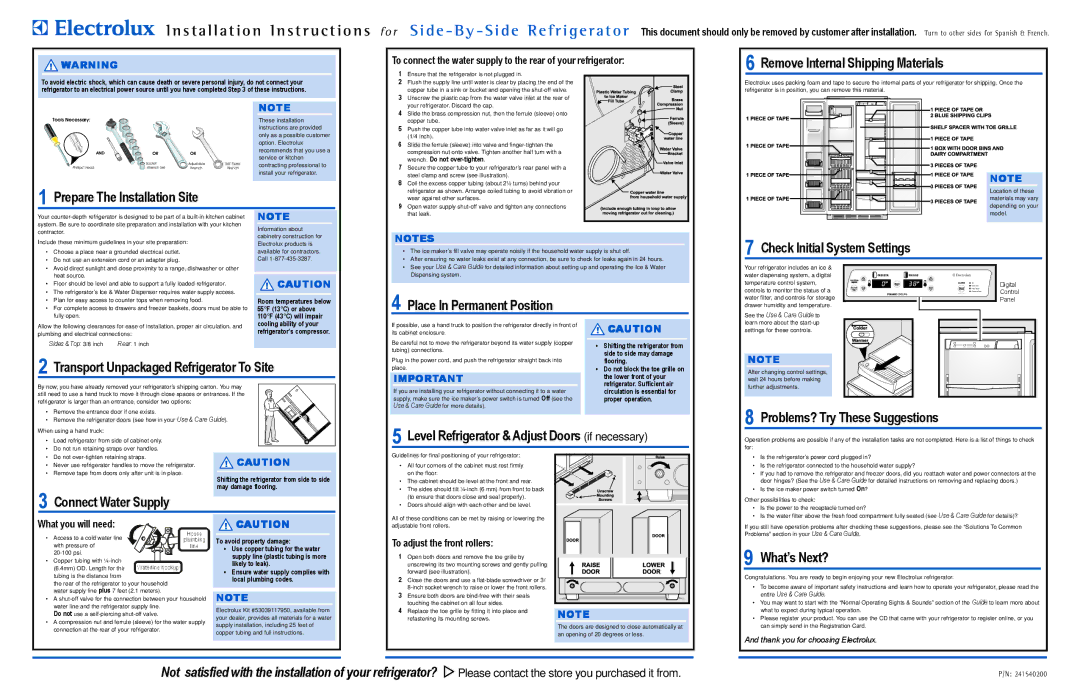 Electrolux 241540200 installation instructions Remove Internal Shipping Materials, Prepare The Installation Site 