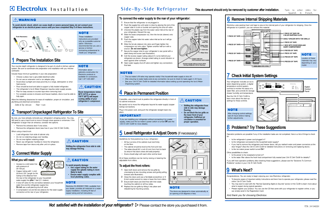 Electrolux 241540201 installation instructions Remove Internal Shipping Materials, Prepare The Installation Site 
