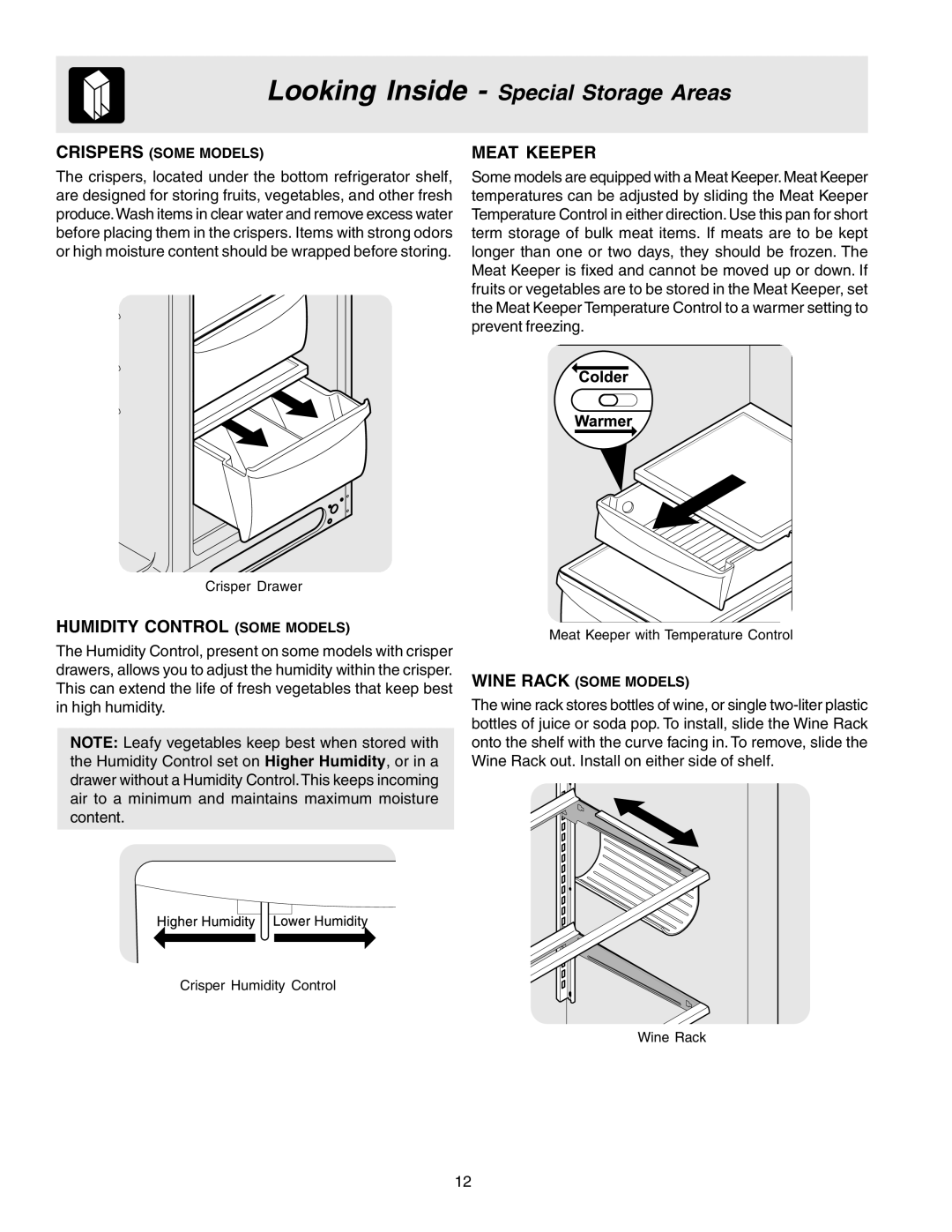 Electrolux 241721800 manual Humidity Control Some Models, Meat Keeper 