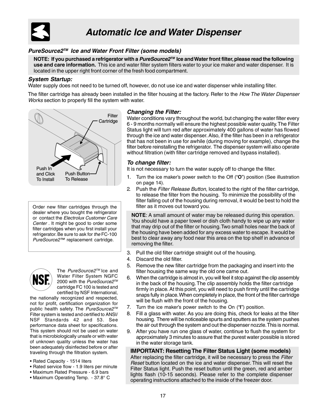 Electrolux 241721800 manual Changing the Filter, To change filter 