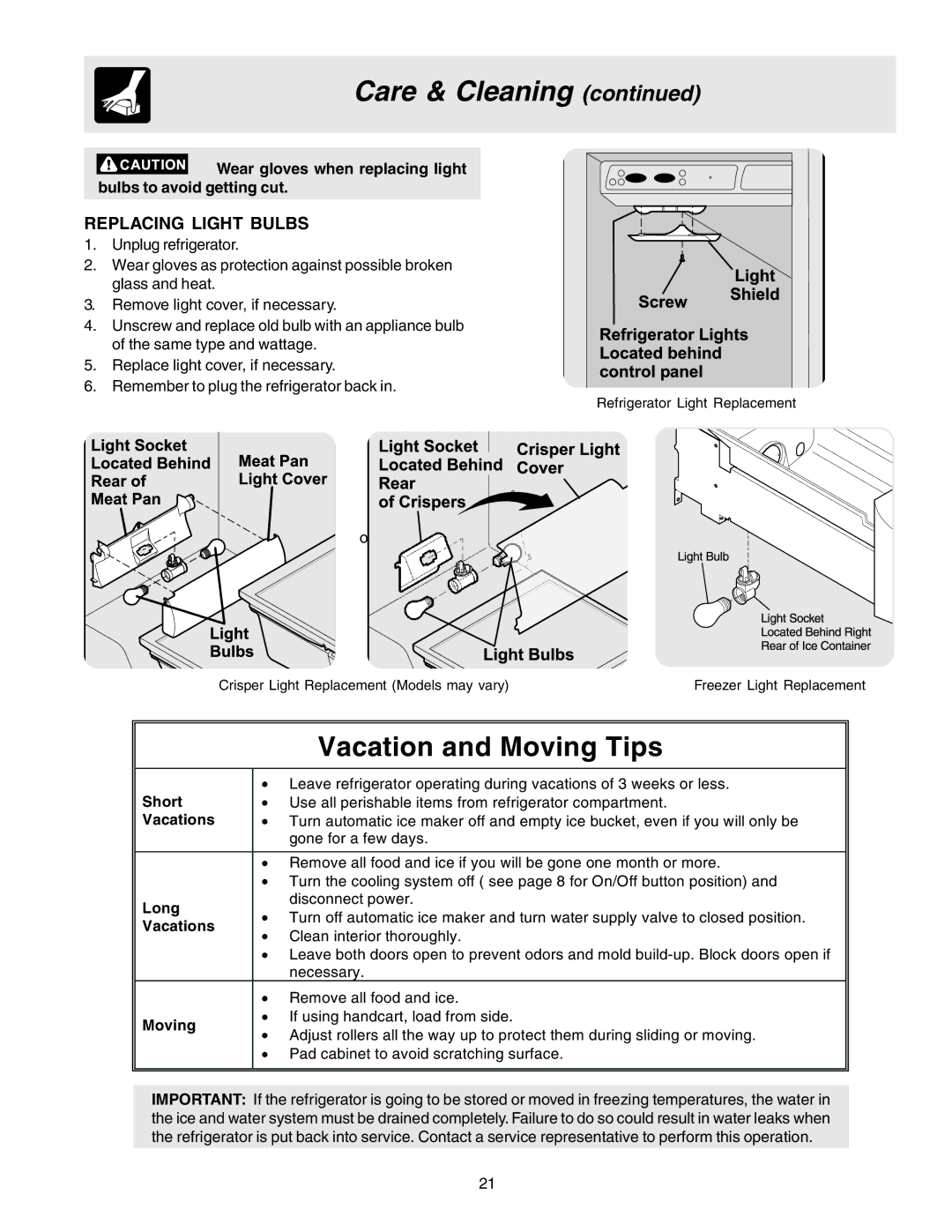 Electrolux 241721800 manual Vacation and Moving Tips, Replacing Light Bulbs 