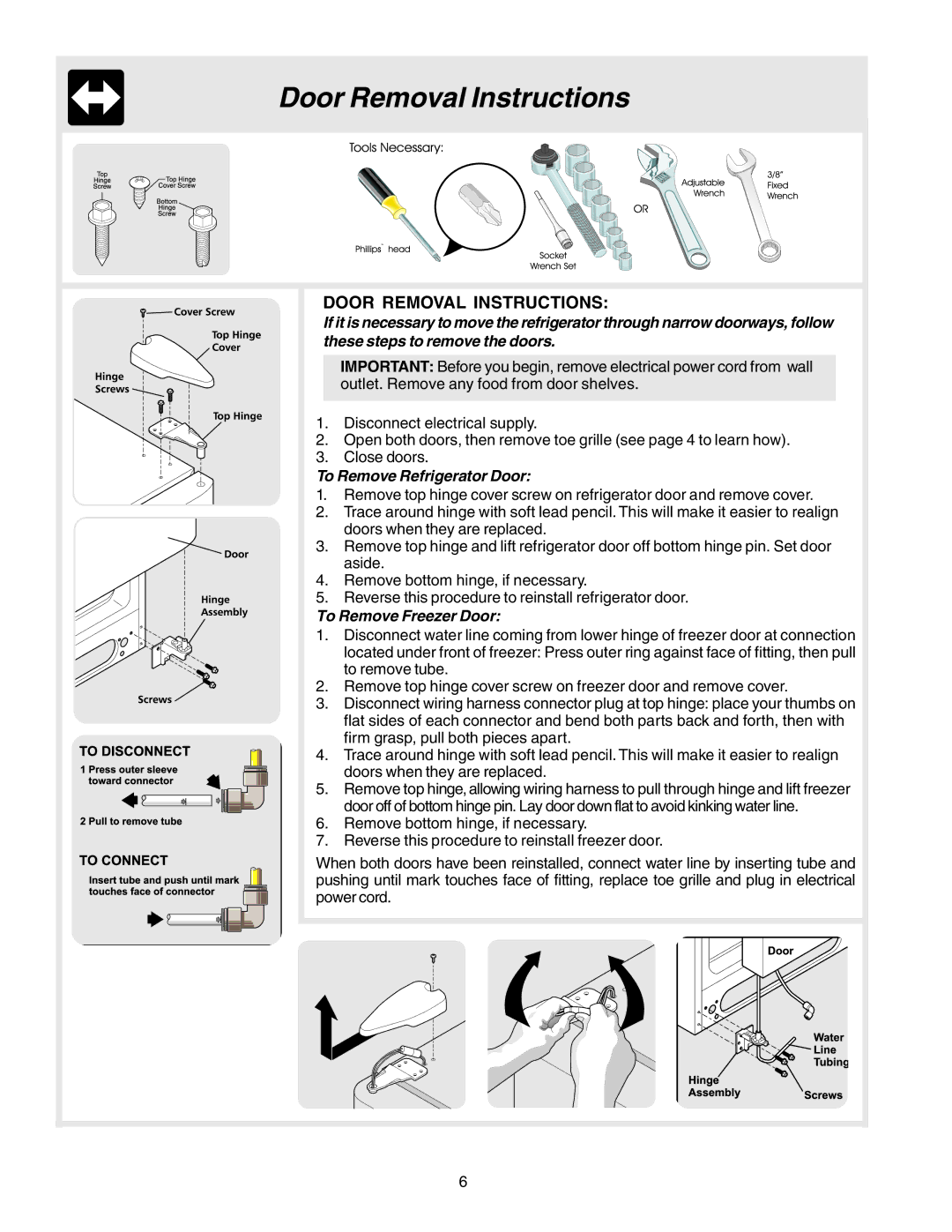 Electrolux 241721800 manual Door Removal Instructions, To Remove Refrigerator Door, To Remove Freezer Door 