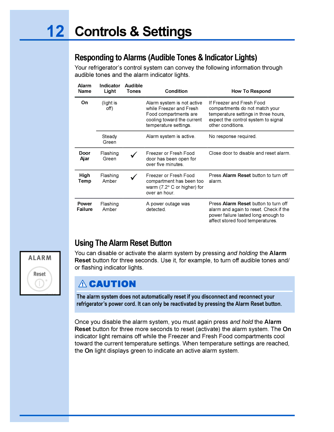 Electrolux 241737900 manual Responding to Alarms Audible Tones & Indicator Lights, Using The Alarm Reset Button 