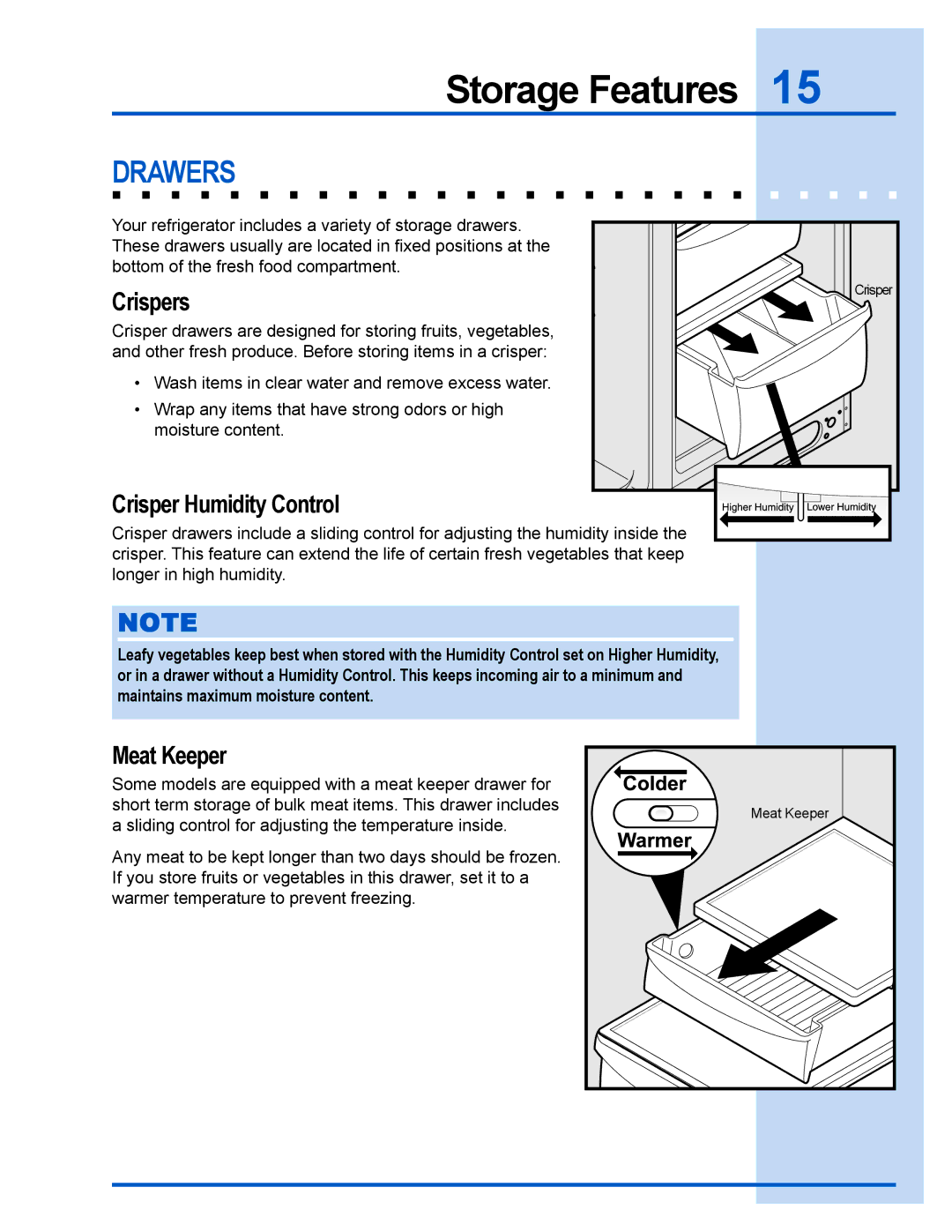 Electrolux 241737900 manual Drawers, Crispers, Crisper Humidity Control, Meat Keeper 