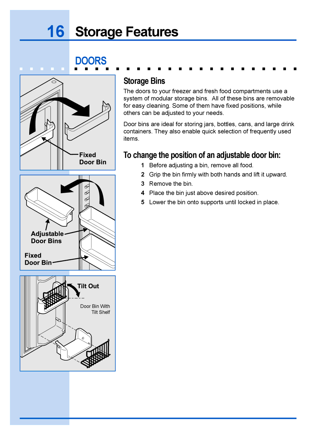 Electrolux 241737900 manual Doors, Storage Bins 