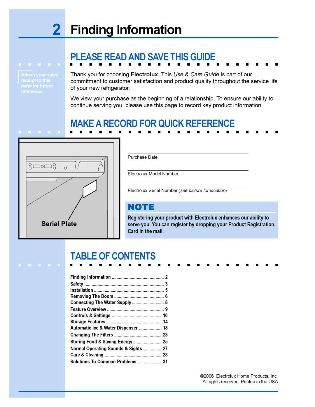 Electrolux 241737900 manual Finding Information, Please Read and Save this Guide, Make a Record for Quick Reference 