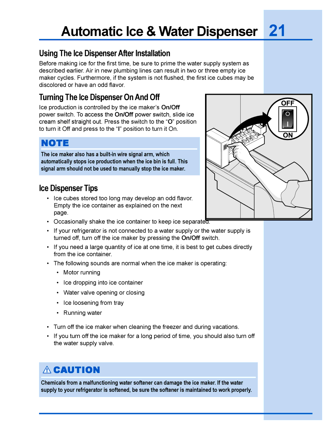 Electrolux 241737900 Using The Ice Dispenser After Installation, Turning The Ice Dispenser On And Off, Ice Dispenser Tips 